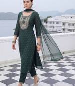 Women Embroidered Chanderi Silk Kurta with Trousers & With Dupatta