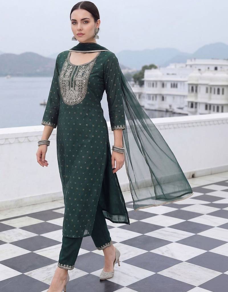 Women Embroidered Chanderi Silk Kurta with Trousers & With Dupatta