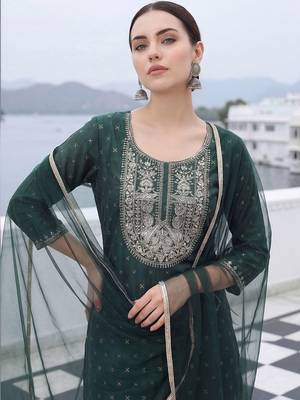 Women Embroidered Chanderi Silk Kurta with Trousers & With Dupatta 2