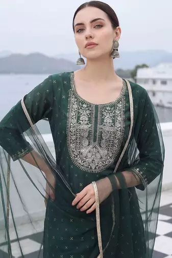 Women Embroidered Chanderi Silk Kurta with Trousers & With Dupatta