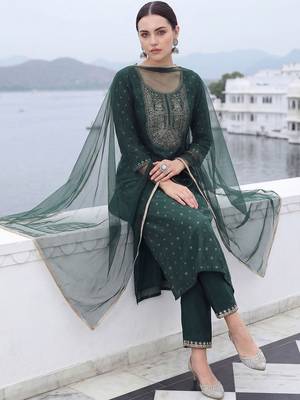 Women Embroidered Chanderi Silk Kurta with Trousers & With Dupatta 4