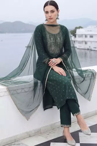 Women Embroidered Chanderi Silk Kurta with Trousers & With Dupatta