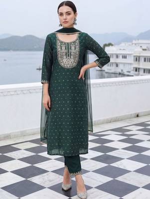 Women Embroidered Chanderi Silk Kurta with Trousers & With Dupatta 5