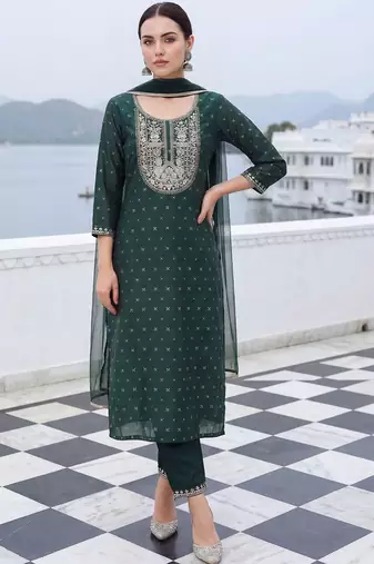 Women Embroidered Chanderi Silk Kurta with Trousers & With Dupatta