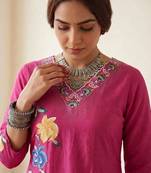 Women Floral Embroidered Thread Work Cotton Kurta with Trousers & With Dupatta