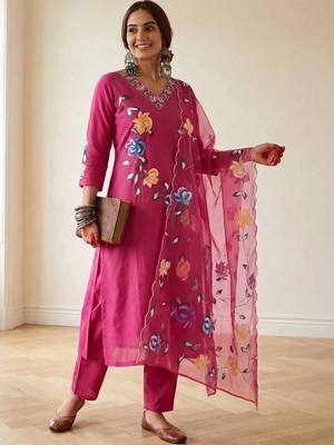 Women Floral Embroidered Thread Work Cotton Kurta with Trousers & With Dupatta 4