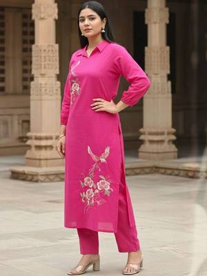 Women Floral Embroidered Thread Work Cotton Kurta with Trousers 5