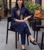 Women Ethnic Motifs Embroidered Thread Work Cotton Kurta with Trousers