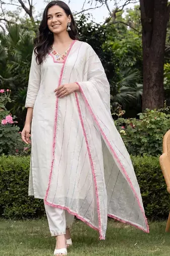 Women Floral Embroidered Mirror Work Kurta with Trousers & With Dupatta
