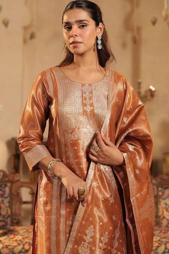 Ethnic Motifs Woven Design Round Neck Straight Kurta &Trousers With Dupatta