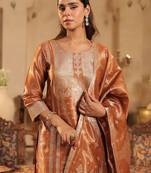 Ethnic Motifs Woven Design Round Neck Straight Kurta &Trousers With Dupatta