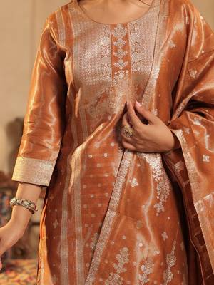 Ethnic Motifs Woven Design Round Neck Straight Kurta &Trousers With Dupatta 2