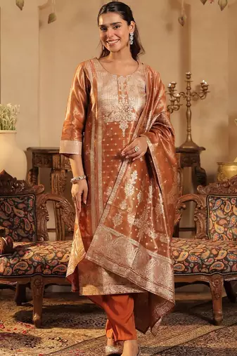 Ethnic Motifs Woven Design Round Neck Straight Kurta &Trousers With Dupatta