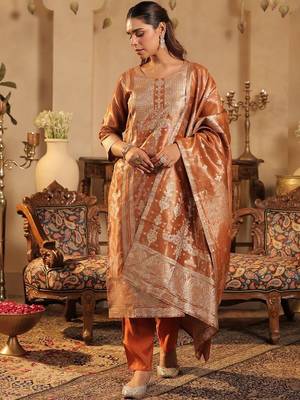 Ethnic Motifs Woven Design Round Neck Straight Kurta &Trousers With Dupatta 4