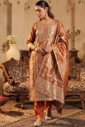 Ethnic Motifs Woven Design Round Neck Straight Kurta &Trousers With Dupatta