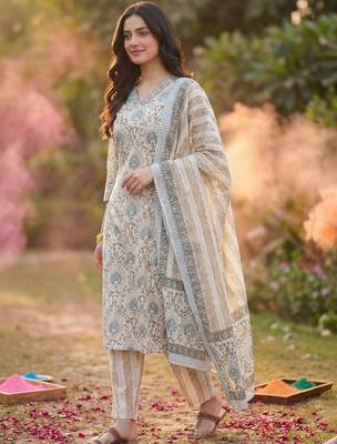 Women Ethnic Motifs Printed Cotton Kurta with Trousers & With Dupatta 6