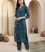 Women Floral Printed Sequinned Cotton Kurta with Trousers