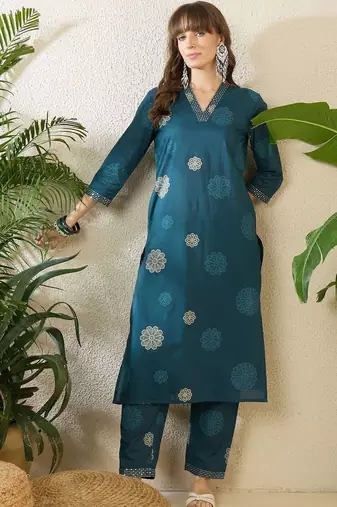 Women Floral Printed Sequinned Cotton Kurta with Trousers