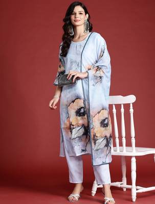 Floral Printed Beads & Stones Chanderi Silk Kurta With Trousers & Dupatta 1