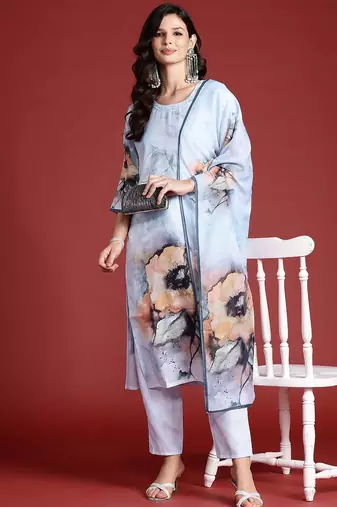 Floral Printed Beads & Stones Chanderi Silk Kurta With Trousers & Dupatta