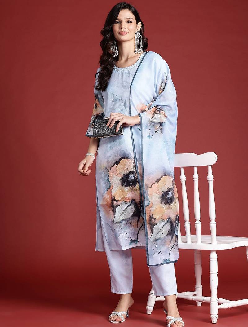 Floral Printed Beads & Stones Chanderi Silk Kurta With Trousers & Dupatta