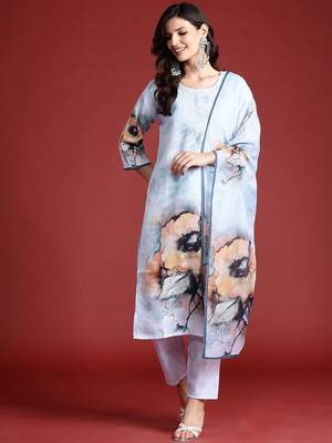 Floral Printed Beads & Stones Chanderi Silk Kurta With Trousers & Dupatta 5
