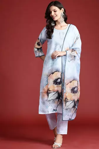 Floral Printed Beads & Stones Chanderi Silk Kurta With Trousers & Dupatta