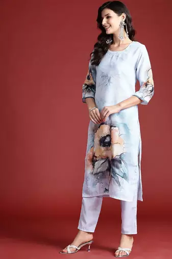Floral Printed Beads & Stones Chanderi Silk Kurta With Trousers & Dupatta