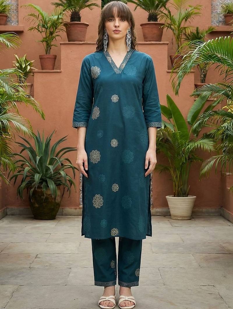 Women Floral Printed Sequinned Cotton Kurta with Trousers