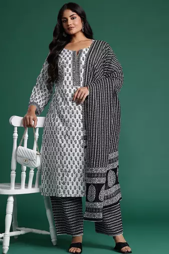 Plus Size Printed Kurta with Trousers & Dupatta