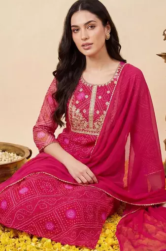 Women Bandhani Printed Kurta with Trousers & With Dupatta