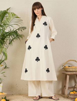 Floral Embroidered Mandarin Collar Thread Work Cotton A-Line Kurta & Palazzo 2