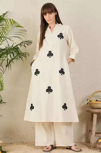 Floral Embroidered Mandarin Collar Thread Work Cotton A-Line Kurta & Palazzo