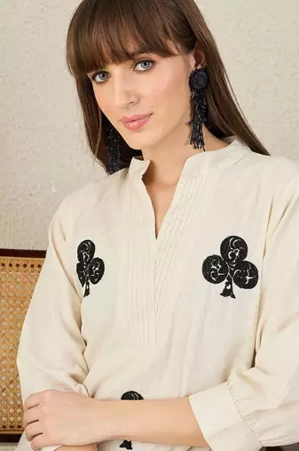 Floral Embroidered Mandarin Collar Thread Work Cotton A-Line Kurta & Palazzo