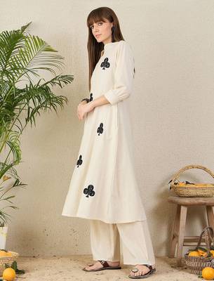 Floral Embroidered Mandarin Collar Thread Work Cotton A-Line Kurta & Palazzo 4