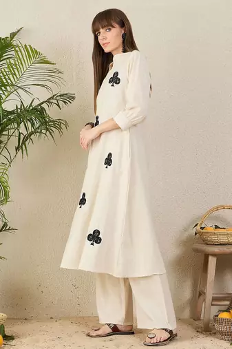 Floral Embroidered Mandarin Collar Thread Work Cotton A-Line Kurta & Palazzo