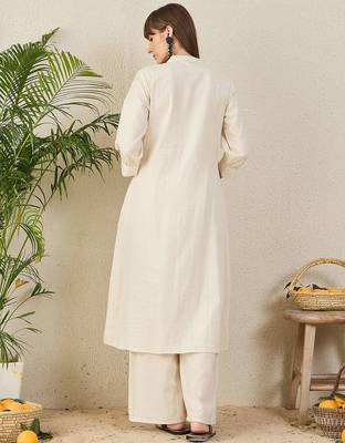 Floral Embroidered Mandarin Collar Thread Work Cotton A-Line Kurta & Palazzo 5