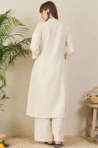 Floral Embroidered Mandarin Collar Thread Work Cotton A-Line Kurta & Palazzo