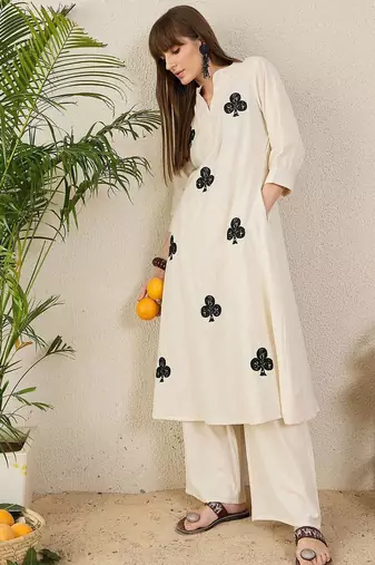 Floral Embroidered Mandarin Collar Thread Work Cotton A-Line Kurta & Palazzo