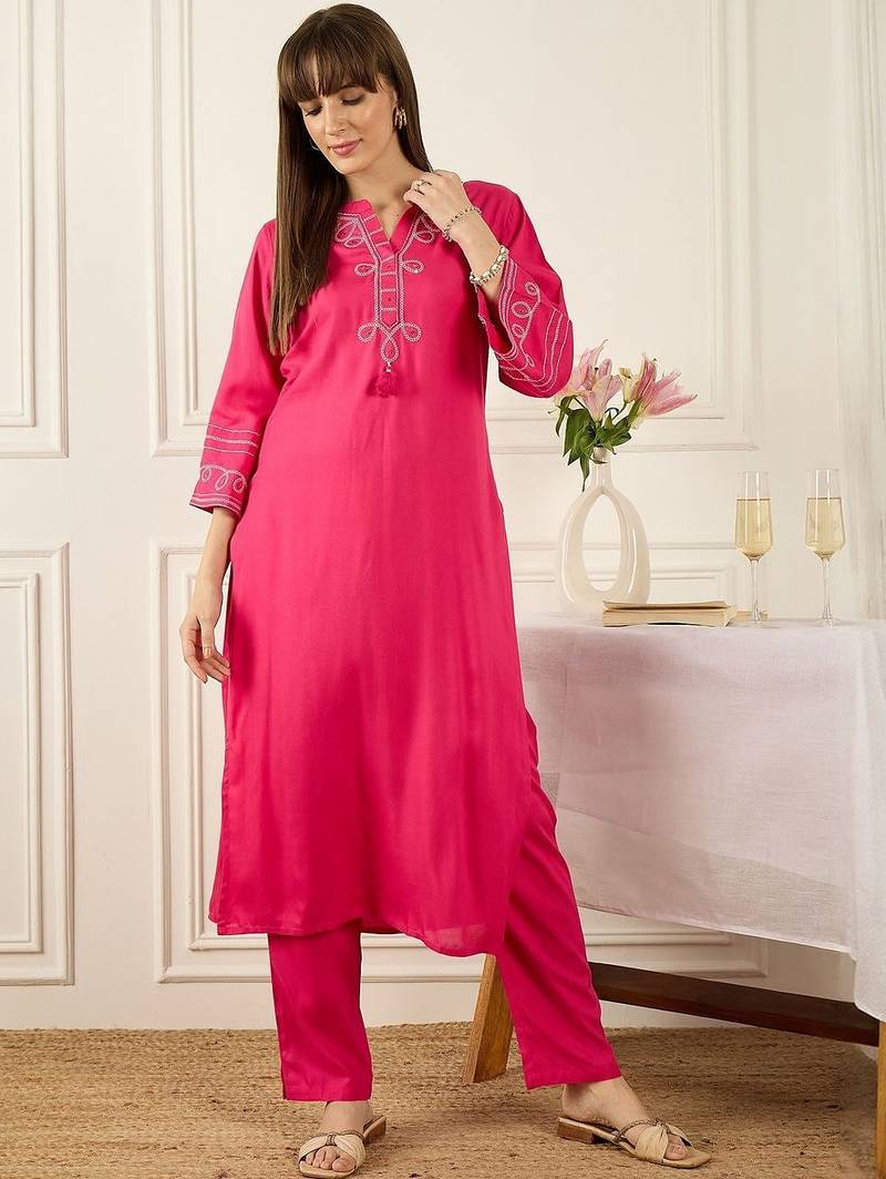 Floral Printed Thread Work Cotton Kurta With Palazzos