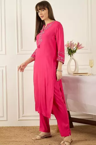 Floral Printed Thread Work Cotton Kurta With Palazzos