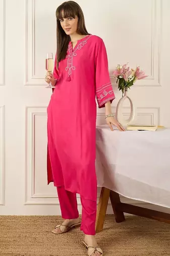 Floral Printed Thread Work Cotton Kurta With Palazzos