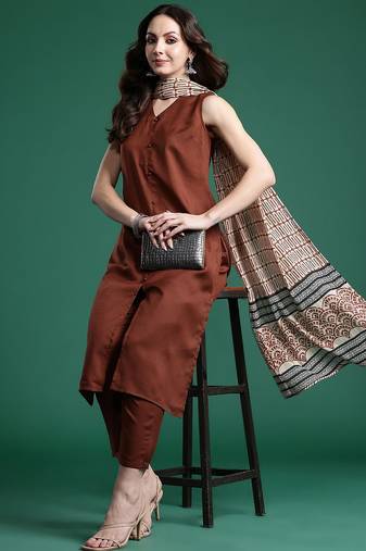 Solid Kurta with Trousers & Dupatta