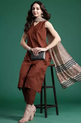 Solid Kurta with Trousers & Dupatta