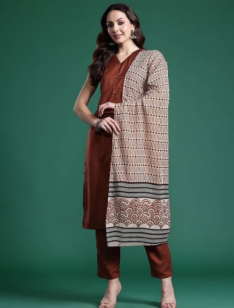 Solid Kurta with Trousers & Dupatta