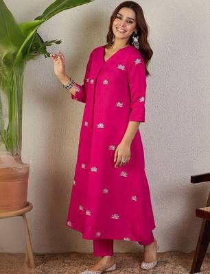 Women Ethnic Motifs Embroidered V-Neck Thread Work A-Line Kurta with Trousers 4