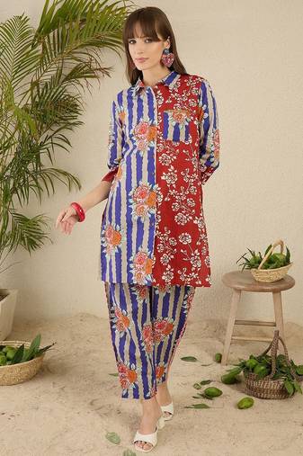 Floral Printed Shirt Collar Cotton Straight Kurti & Trousers