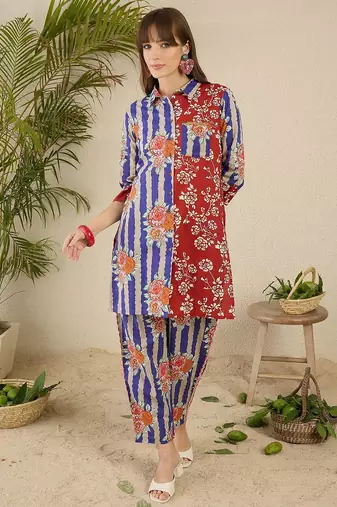 Floral Printed Shirt Collar Cotton Straight Kurti & Trousers