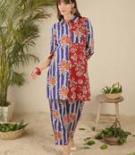 Floral Printed Shirt Collar Cotton Straight Kurti & Trousers