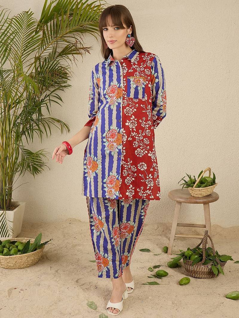 Floral Printed Shirt Collar Cotton Straight Kurti & Trousers